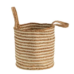 Nearly Natural Home Decor>Basket Natural Cotton and Jute, Handwoven Stripe with Handles