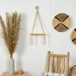 Nearly Natural Home Decor>Hand Woven Macrame Wall Hanging with Wooden Shelf