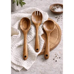 Busa Designs Kitchen>Teak Wooden Salad Spoons, Set of 3