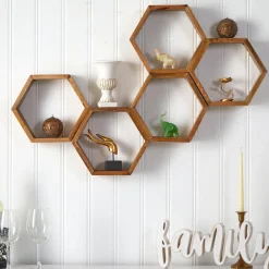 Nearly Natural Home Decor>Wooden Hexagon Floating Honeycomb Shelves - Set of 5